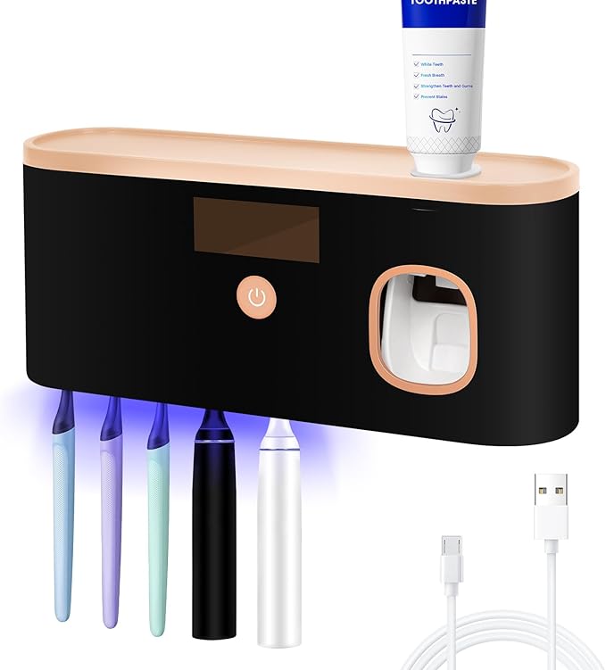 Smart Toothbrush Holder for Bathroom with Toothpaste Dispenser, USB Charging with 5 Toothbrush Slots for Family (Black)