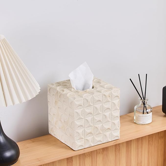 Natural Travertine Textures Tissue Box Cover Square for Home Decor, Relief Sculptured Geometric Cube Resin Heavy Tissue Box Holder for Bathroom Countertop, Tabletop, Night Stand, Office Desk (Beige)
