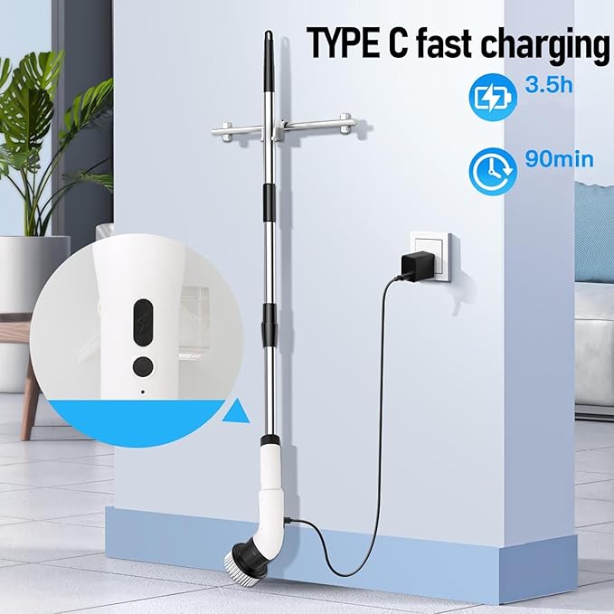 ZJchao Electric Cleaning Brush Cordless Long Handle Adjustable Speed with 9 Replaceable Brush Heads for Bathroom Kitchen Floor Scrubber White