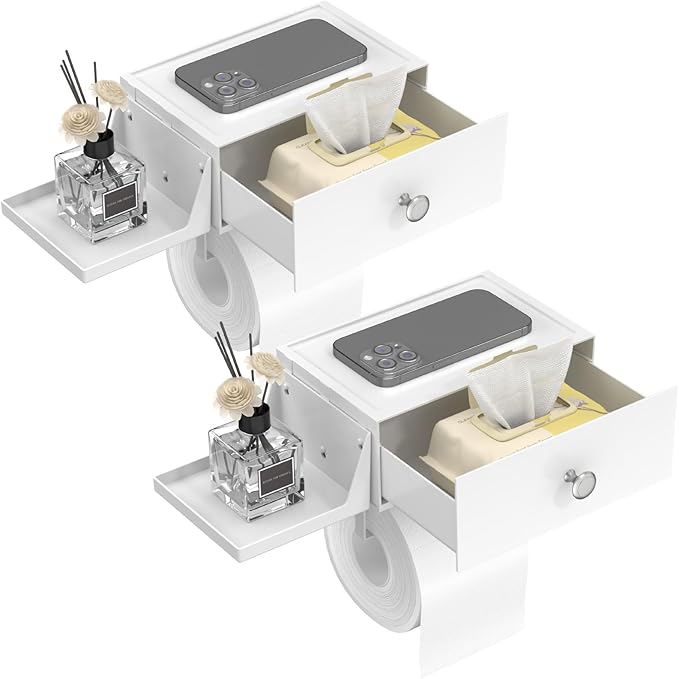 Lifewit Toilet Paper Holder with Shelf and Drawer, Screw or Adhesive Wall Mount Tissue Roll Storage, Dustproof & Flushable Bathroom Wipes Dispenser Organizer, White, 2 Pack