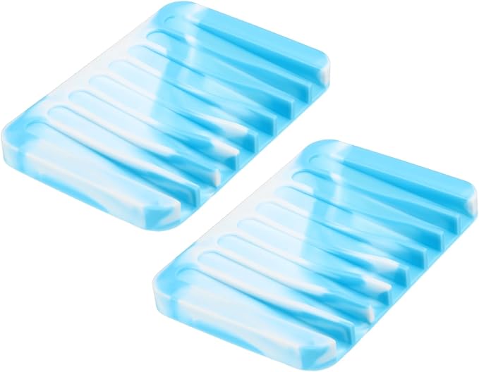 uxcell 2 Pcs Self Draining Silicone Soap Dish, Soap Tray with Drainage for Bathroom Shower Kitchen Sink, 4.5" x 3.1" x 0.4", Blue/White