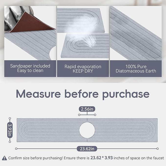 Absorbent faucet mat for Kitchen Sink - Water Absorbing Stone Tray for Sink, Diatomite Fast-Drying Faucet Mat,Faucet Splash Guard for Kitchen,Bathroom Sink (Light gray, 23.6" x 3.9")