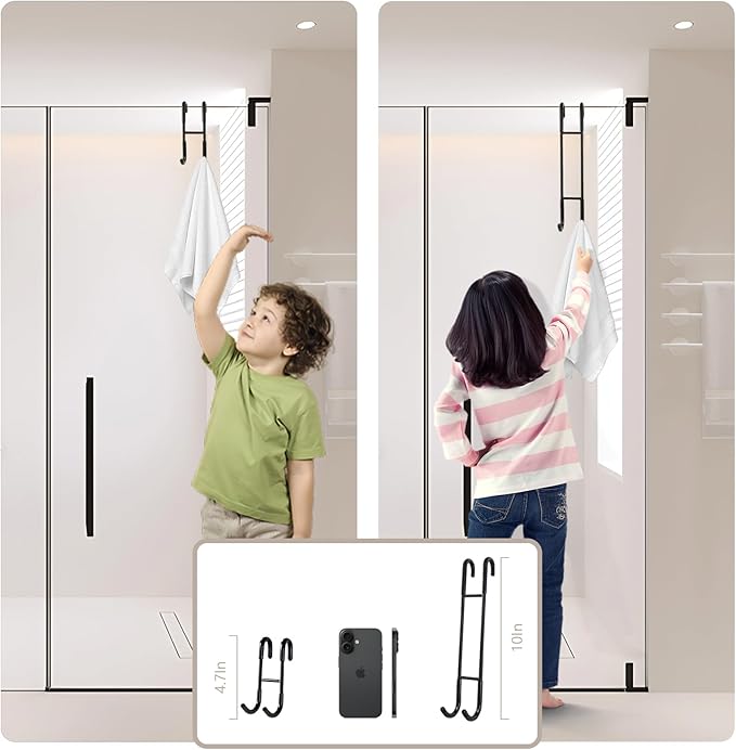 NINETREX Shower Door Hooks,Over Glass Door Hooks for Bathrooms Frameless Glass,Heavy Duty SUS 304 Stainless Steel Hook for Towels,Squeegee,Loofah,Shaver,Robe,2 Pack,Black,10Inch