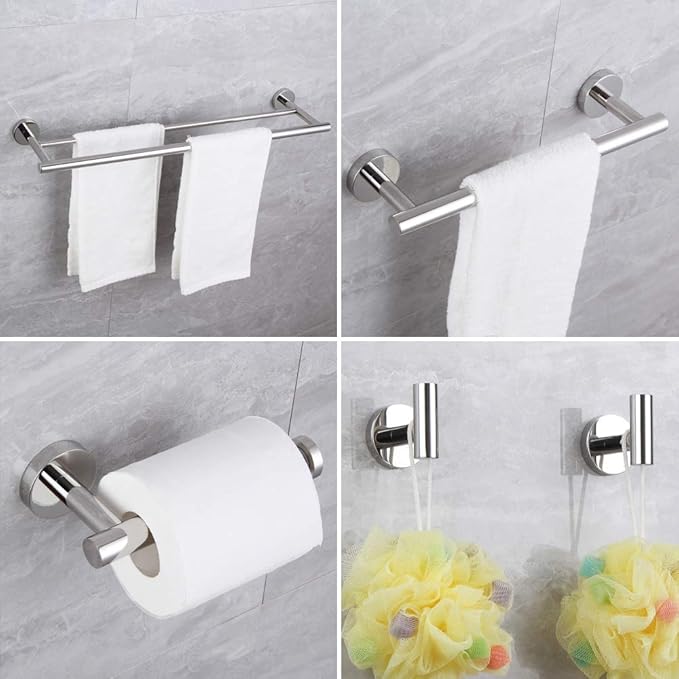 5-Pieces Set Bathroom Hardware Set Polished Stainless Steel Wall Mounted - Includes 24" Double Towel Bar, 12" Hand Towel Bar, Toilet Paper Holder, 2X Robe Towel Hooks, Bathroom Accessories Kit