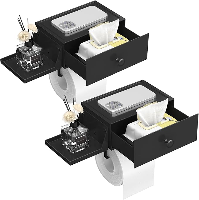 Lifewit Toilet Paper Holder with Shelf and Drawer, Screw or Adhesive Wall Mount Tissue Roll Storage, Dustproof & Flushable Bathroom Wipes Dispenser Organizer, Black, 2 Pack