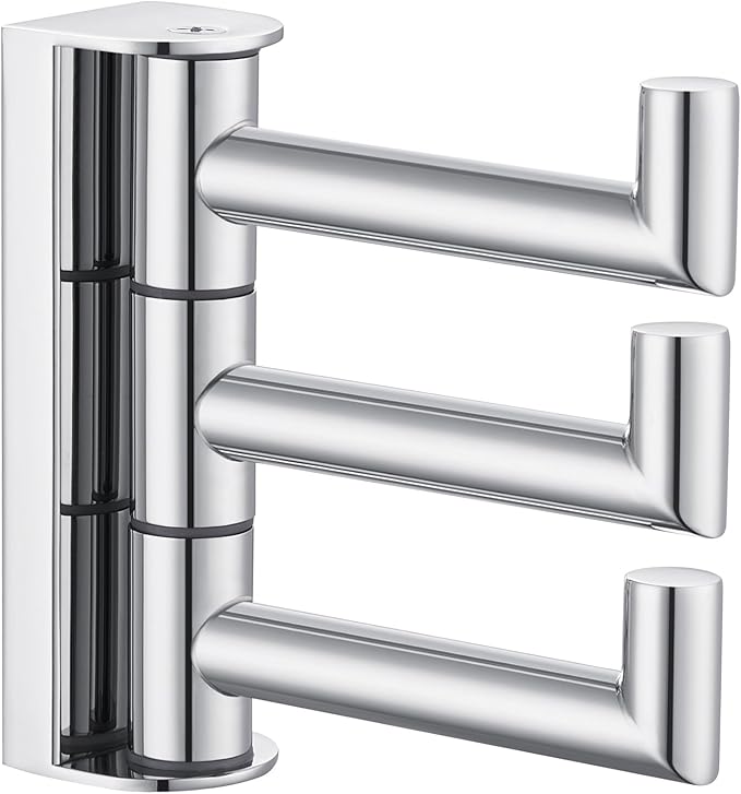 APLusee Polished Chrome Swivel Towel Hook for Bathroom, Heavy Duty 304 Stainless Steel Bathroom Wall Hook with Multi 3 Arms, Wall Mounted Towel Hanger for Kitchen Garage