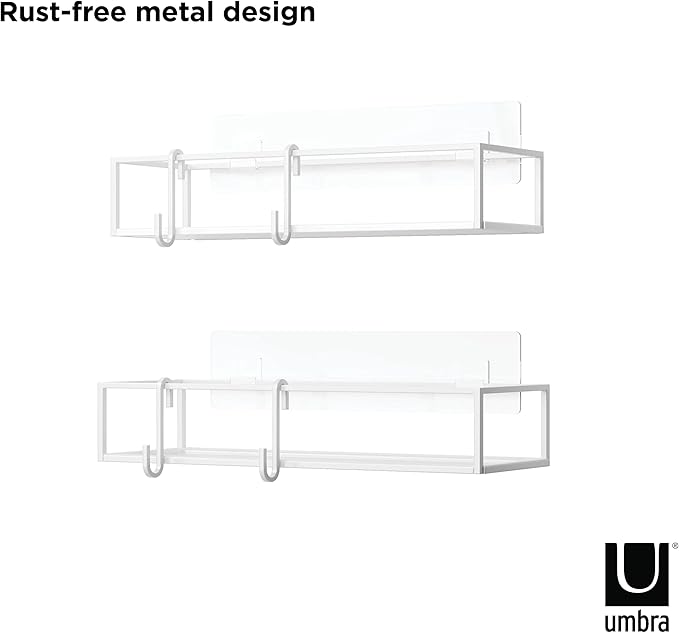 Umbra Cubiko Shower Shelf, Metal Floating Shelves with Adhesive Mounting Strips, 2-Pack, White