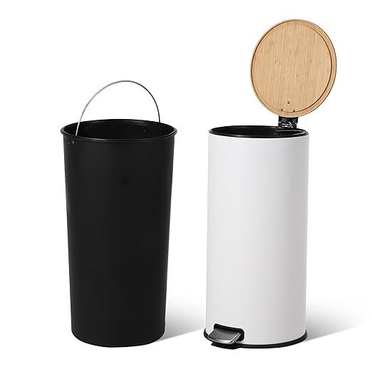 GarveeHome 8 Gallon Step Trash Can with Soft-Close Bamboo Lid, Stainless Steel Garbage Can with Removable Inner Bucket, 30L Round Trash Bin, Perfect for Kitchen, Bathroom, Living Room, White