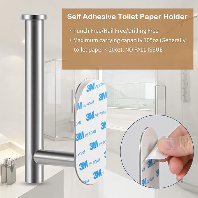 Toilet Paper Holder - Self Adhesive Toilet Paper Holder Wall Mount for Bathroom, SUS 304 Stainless Steel Command Strip Toilet Paper Roll Holder Stick On Wall, No Drilling - Brushed Nickel