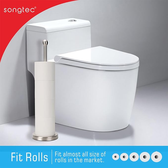 Songtec Toilet Paper Holder Stand with Reserve, Floor Standing Tisse Roll Holder for 4 Rolls, Compact Design Bathroom Toilet Paper Storage - Brushed Nickel