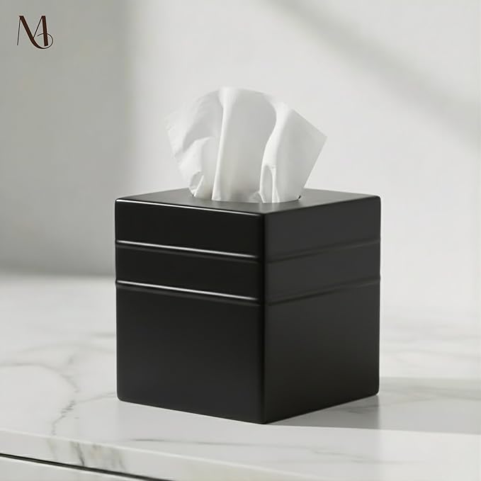 Monarch Abode Tissue Box Cover Square – Handcrafted Border Embossed Black Metal Tissue Holder Box for Bathroom Accessory, Aesthetic Decorative Facial Napkin Cube for Modern Home Decor