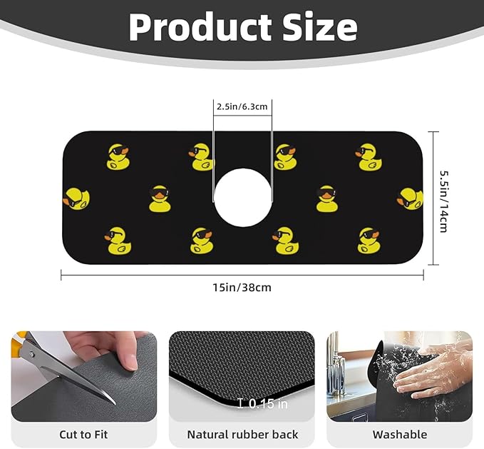 Duck Ducky Sunglasses Yellow Kitchen Sink Splash Guard Faucet Mat Super Absorbent Fast Drying Mat Sink Gadgets-Fast Drying Pad Sink Mat For Kitchen Bathroom (15" X 5.5" )