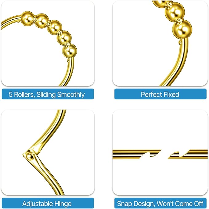 12PCS Wide Shower Curtain Hooks, Rust Proof Stainless Steel Shower Curtain Rings, Heavy Duty Shower Hooks for Shower Curtain Bathroom Curtain Hooks, Easy Glide Rollers, Set of 12, Gold