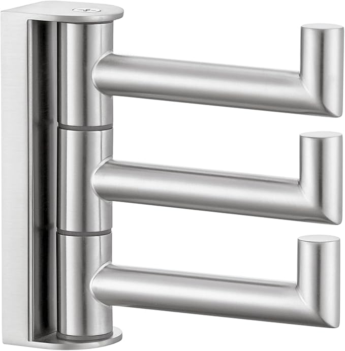 APLusee Swivel Towel Hook for Bathroom Wall Mounted, 304 Stainless Steel 3 Arms Clothes Hook, Flexible Bathroom Kitchen Wall Towel Hanger, Brushed Nickel