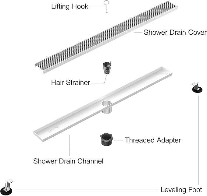 304 Stainless Steel Linear Shower Drain, Bathroom Drain with Removable Grate & Hair Catcher, Waterproof Tile Floor Drain, CUPC Certified (Brushed Finish, 36 Inch)