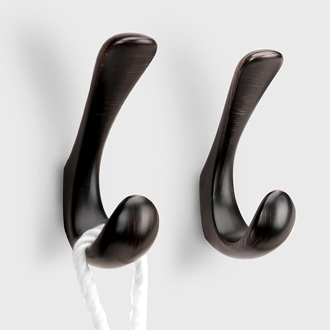 2 Pack Towel Hooks for Bathrooms Wall Mounted, Oil Rubbed Bronze Bathroom Hooks for Towels, Robe & Towel Hook for Wall, Modern Bath Towel Hook