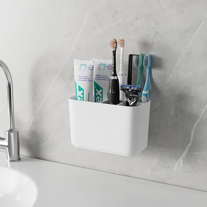 Toothbrush Holder for Bathroom Countertop and Wall with Adhesive, 5 Slots Family Size Electric Tooth Brush and Paste Holder, Kids Tooth Rush Holders and Toothpaste Organizer - White