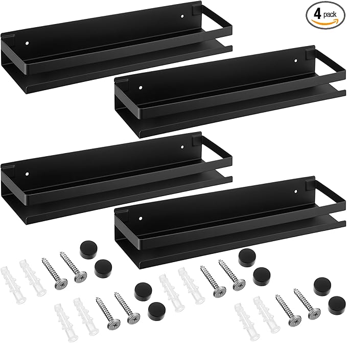Lallisa 4 Pieces 15.75 Inch Stainless Steel Shelf Bathroom Shower Floating Shelves Wall Mounted Shower Caddy Basket Shelf Storage Organizer Shelves for Bathroom, Kitchen, Living Room (Black)