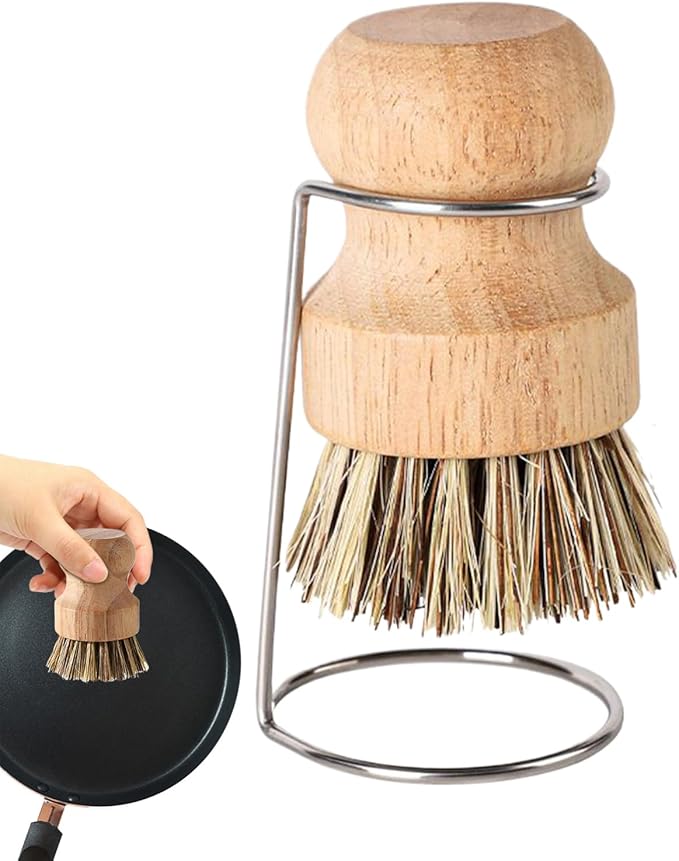 Wooden Dish Cleaning Brush – Durable Bristle Scrubber with Holder Rack for Washing Utensils Cookware Sinks Bath Surfaces Tiles | Household Scrub Tool for Kitchen Bathroom Utility Tasks