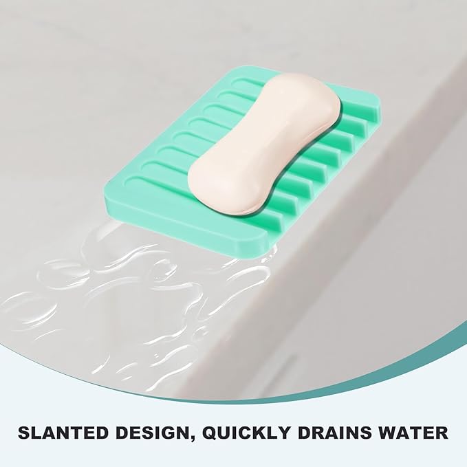 uxcell 2 Pcs Self Draining Silicone Soap Dish, Soap Tray with Drainage for Bathroom Shower Kitchen Sink, 4.5" x 3.1" x 0.4", Mint Green