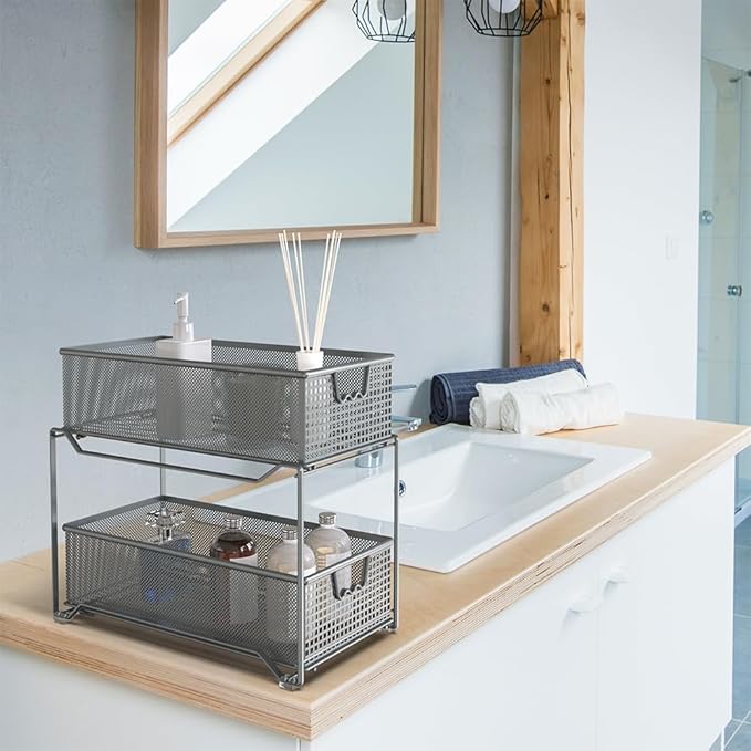 DecoBrothers 2 Tier Bathroom Storage Organizer with Pull-Out Drawer, Silver
