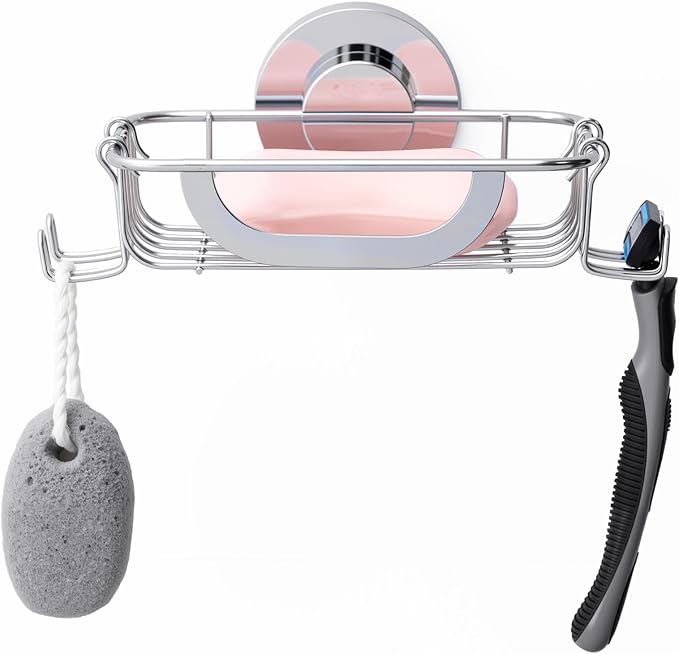 Soap Dish Soap Bar Holder Suction Cup with 4 Hooks, Stainless Steel Soap Saver Tray for Shower Wall, Bathroom, Kitchen, Rustproof No Drilling Bar Soap Holder, Silver
