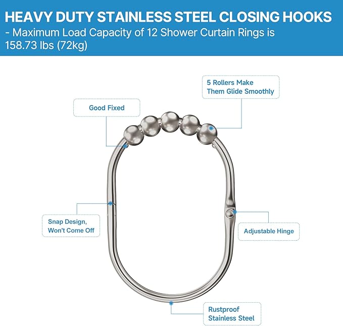 12PCS Wide Shower Curtain Hooks, Rust Proof Stainless Steel Shower Curtain Rings, Heavy Duty Shower Hooks for Bathroom Shower Rods Curtains, Easy Glide Rollers, Set of 12, Matte Nickel