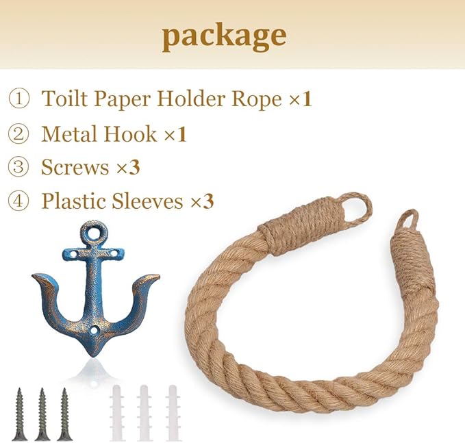 Nautical Toilet Paper Holder Rustic-Industrial Wall-Mounted Nautical Toilet Paper Towel Ring with Metal Hook for Bathroom Decor(Blue)