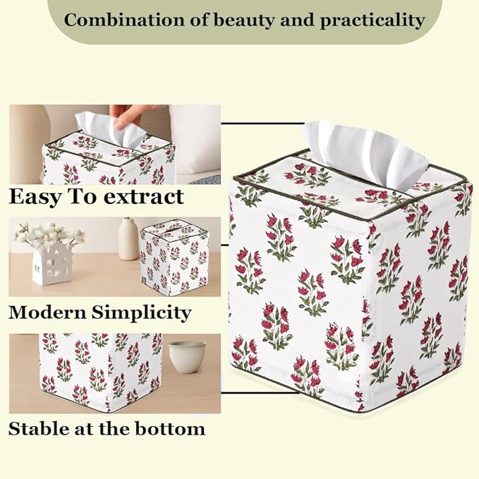 Ridhi Marmalade Red Block Print Tissue Box Cover – Handmade Cotton Fabric Tissue Holder for Home Bedroom Living Room Bathroom Vanity Car Nightstand Office Kitchen – Decorative Square Napkin Holder