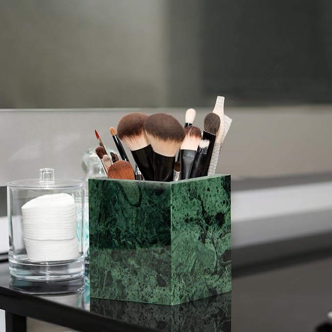 Natural Marble Toothbrush Holder for Bathroom Countertop (8.5x8.5x10cm) - Multifunctional Organizer for Makeup Brushes, Vanity Accessories & Utensils Sink(Blackish Green)
