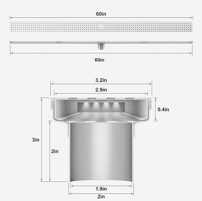 304 Stainless Steel Shower Drain, Removable Grate & Hair Catcher Bathroom Floor Drain with Waterproof Design for Tile Floor, CUPC Compliant (Punch, 60 Inch)