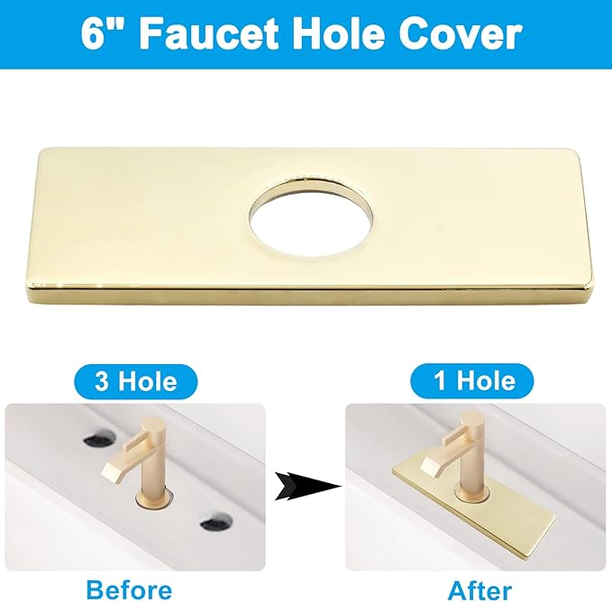 Biaungdo 6" Hole Cover Deck Plate, Gold Escutcheon Plate Stainless Steel Bathroom Faucet Plate Rectangle Faucet Cover Plate for 1 or 3 Hole Bathroom Vanity Sink Faucet
