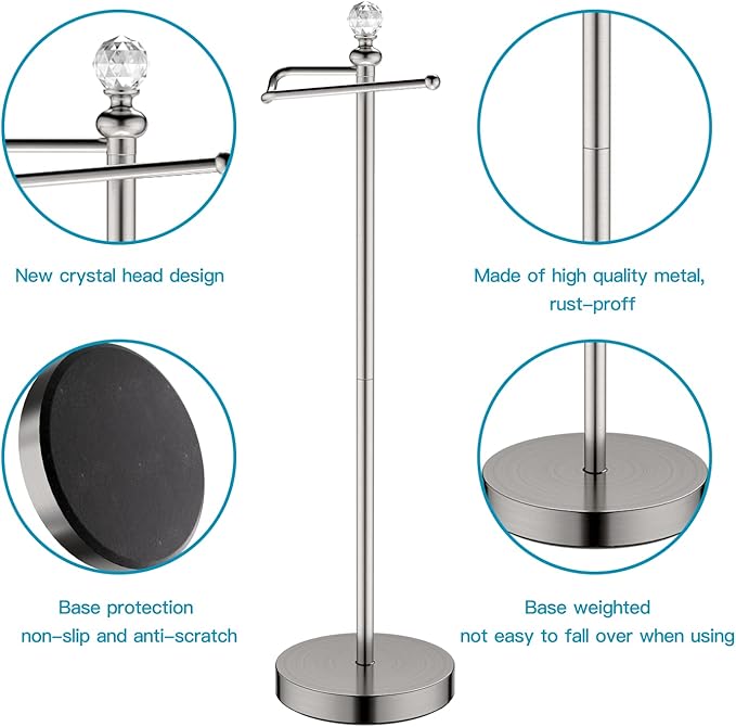Toilet Paper Holder Stand with Crystal Head, Brushed Nickel Toilet Paper Holder Free Standing 24.4" H, Stand Up Toilet Paper Roll Holder for Bathroom, Floor Toilet Paper Storage