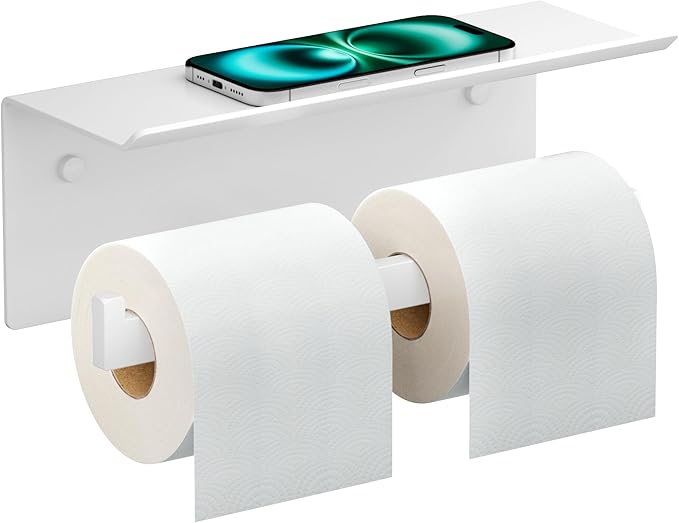 FORIOUS Toilet Paper Holder with Shelf, 304 Stainless Steel Wall Mount Commercial Toilet Paper Dispenser, Double Tissue Roll Holder for Bathroom (White)