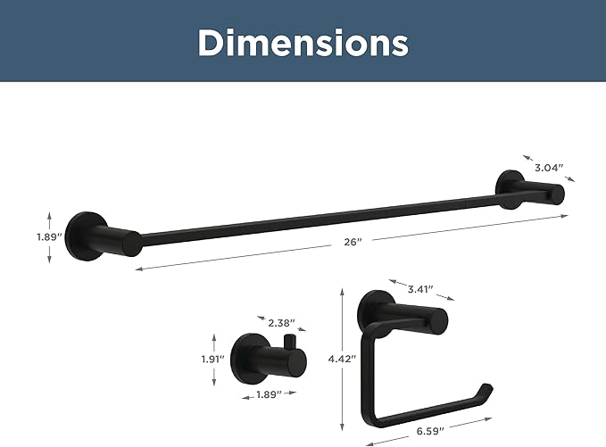 Franklin Brass Kildare 3-Piece Bathroom Set Matte Black 18" + 6" Towel Rack, Toilet Paper Holder/Hand Towel Holder, Hook | 3-Piece Bath Hardware Accessories Set KLD63-MB