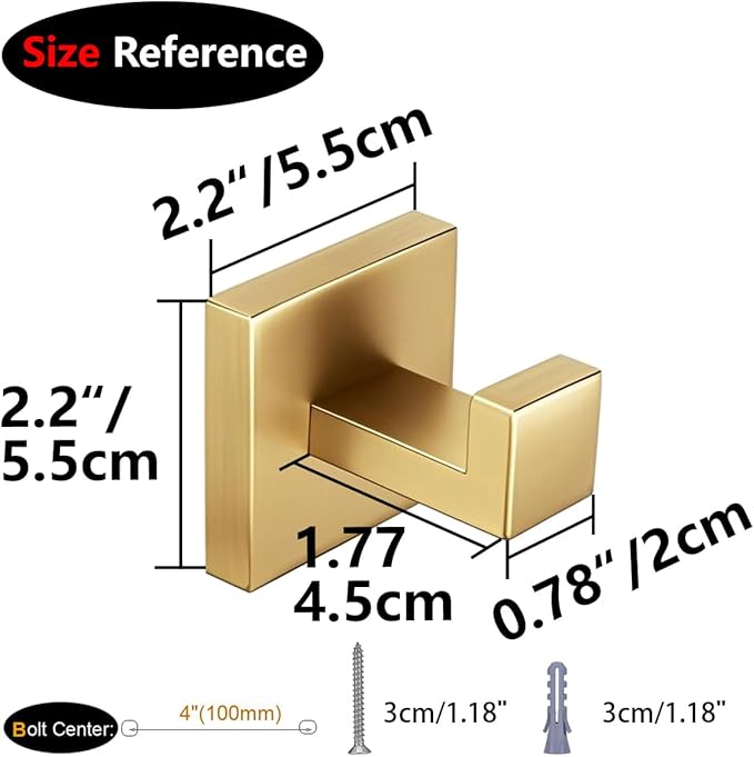 Nolimas Towel Hook Stainless Steel Bathroom Rustproof Clothes Towel Coat Hook Wall Mounted Square Toilet Kitchen, Heavy Duty Door Hanger, 4 Pack, Brushed Gold