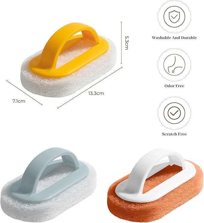4 Pack Handled Scrubber, Scrub Brush Strong Scouring, Reusable Cleaning Sponge with Handle for Shower Tile, Bathtube, Sink (Blue)