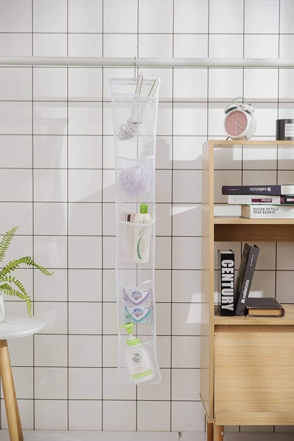 ALYER Narrow Mesh Fabric Shower Caddy Organizer with Hanger,Hanging Mesh Pockets for Shampoo, Conditioner, Soap and Body Wash (Green)