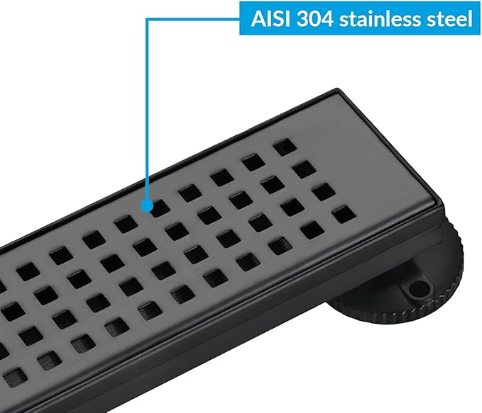 12 Inch Removable Cover Linear Shower Drain 304 Stainless Steel Rectangular Floor Drain for Kitchen Bathroom Square Hole Drain with Accessories Hair Strainer Adjustable Leveling Feet (Matte Black)