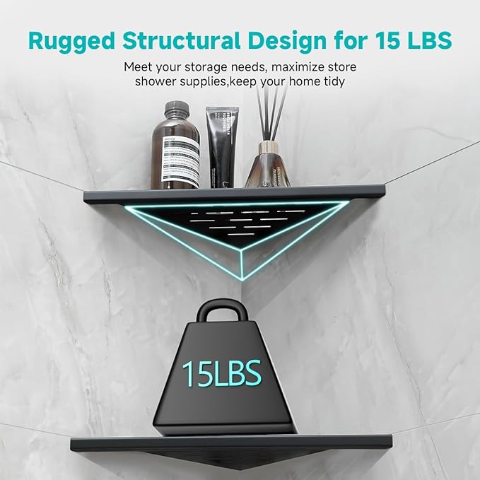 10 Inch No Drilling Corner Shower Shelf Matte Black– 2-Pack Wall Mounted Bathroom Shelves for Inside Shower, Triangular Recessed Shower Caddy, Stainless Steel Shower Organizer for Tiled Walls