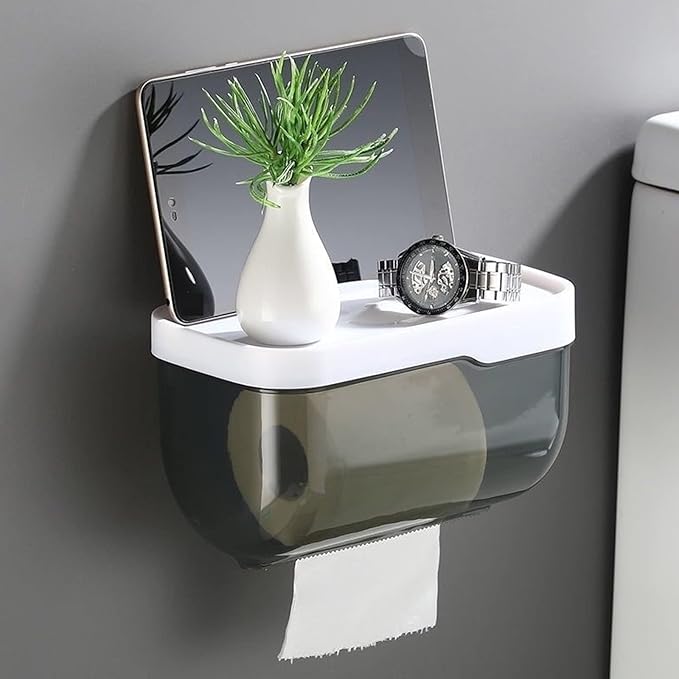 Toilet Paper Holder - Wall Mounted Waterproof Bathroom Roll Holder,Multifunction Dispenser Cat Proof No Drilling (Grey)