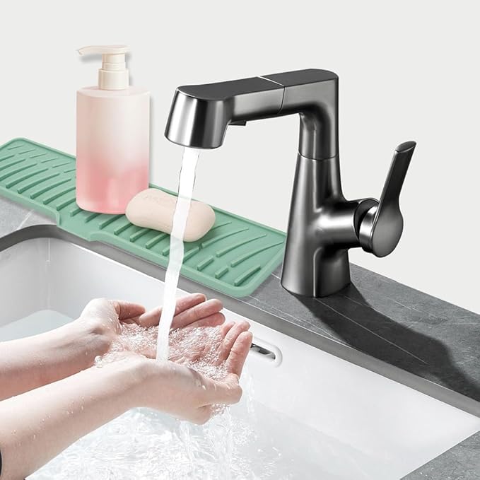 Silicone Faucet Mat for Kitchen Sink Bathroom Faucet Pad Sink Splash Guard Soap Sponge Holder Dish Drying Mat Double Side Available 2in1 Drainer Mat Heat-resistant 16.54x3.94in Green