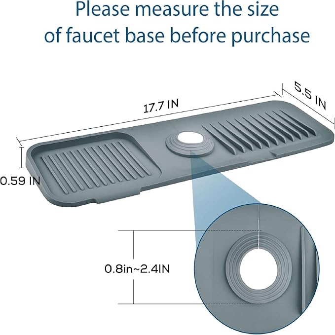 Silicone Sink Splash Guard for Kitchen & Bathroom, 17.7 inch Faucet Mat with 5° Slope & Cuttable Hole, Fast Draining Drip Catcher Tray, Dish Soap Sponge Holder, Drying Mat for Counter Top