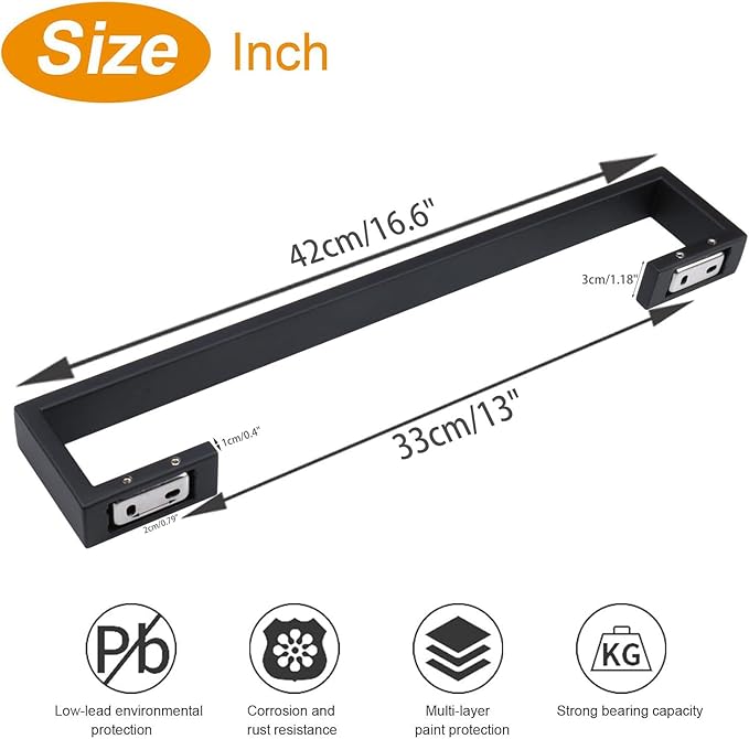 TocTen Bath Towel Rack - 2 Pack Square Base Thicken SUS304 Stainless Steel Towel Bar for Bathroom, Bathroom Bar Accessories Towel Rod Heavy Duty Wall Mounted Towel Holder(Matte Black, 16 Inch)
