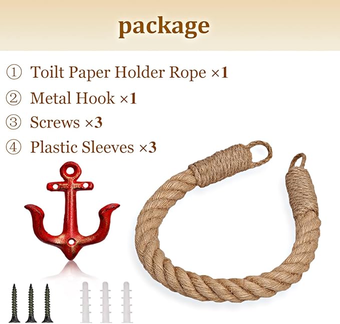 Nautical Toilet Paper Holder Rustic-Industrial Wall-Mounted Nautical Toilet Paper Towel Ring with Metal Hook for Bathroom Decor(Red)