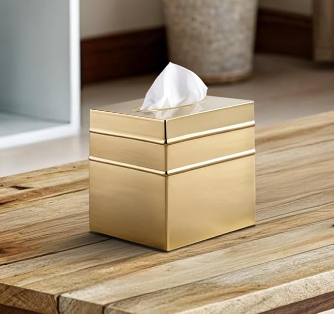 Monarch Abode Tissue Box Cover Square – Handcrafted Border Embossed Brushed Gold Metal Tissue Holder Box for Bathroom Accessory, Aesthetic Decorative Facial Napkin Cube for Modern Home Decor