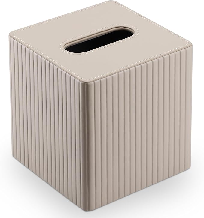 KINGFOM Tissue Box Cover, PU Leather Square Tissue Box Holder for Kleenexs with Magnetic Bottom Cover for Facial Tissues/Napkins, Office & Living Room Decor Box (Beige Strips)