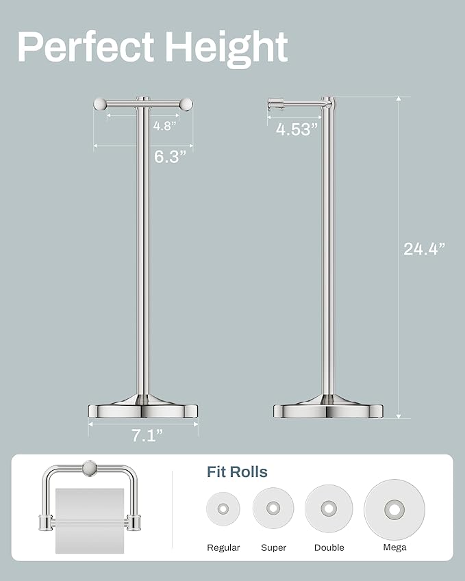 Freestanding Toilet Paper Holder, Double Post Pivoting 22" Height Toilet Roll Holder Floorstanding Base Weighted, Stainless Steel Toilet Paper Holder Stand (Chrome)