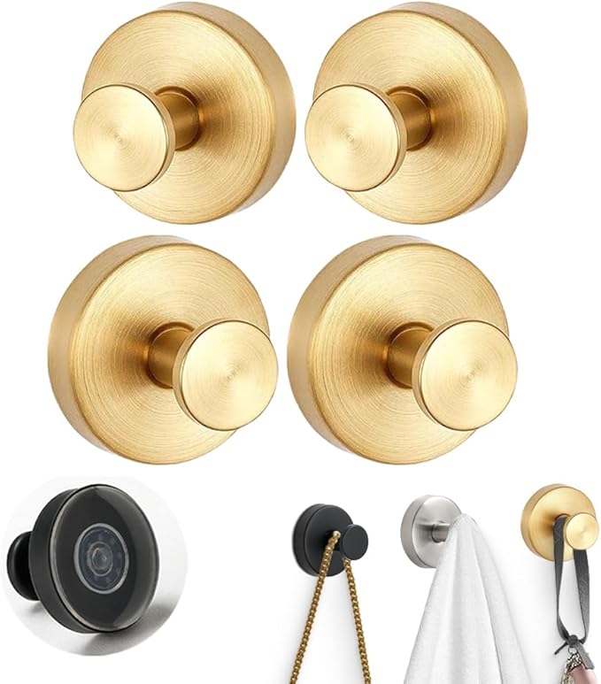Suction Cup Hooks for Door Wreaths,2026 New No-Drill Hooks for Valentine's Decor,Stainless Steel Waterproof Suction Cup Hook,Holder Towel Hooks for Bathroom Wall,Kitchen,Glass,Tile (Gold, 4 PCS)