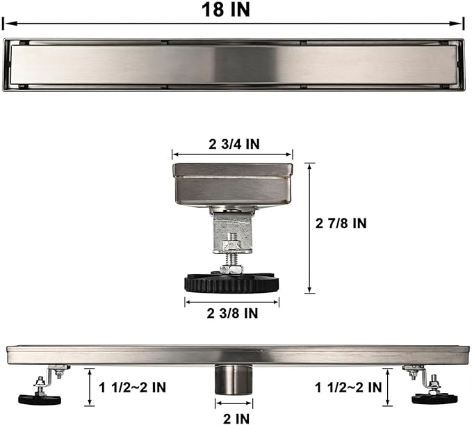 Linear Shower Floor Drain, 18 Inch Brushed Nickel 304 Stainless Steel Bathroom Drains Kit, Rectangular Shower Trench Drain with Reversable Tile-in Pattern Drain Cover & Hair Catcher